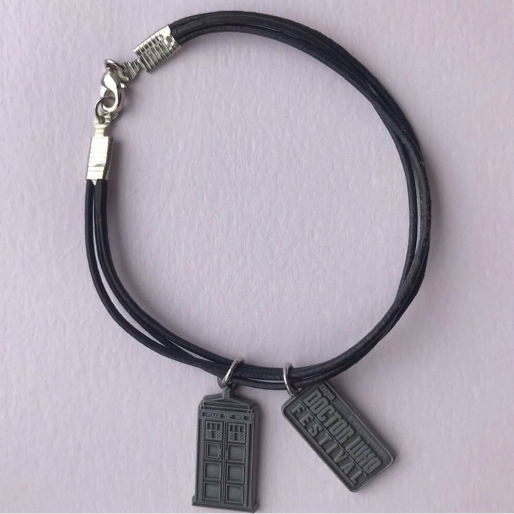 Dr Who Black Leather Cord Bracelet with TARDIS and Festival Charms